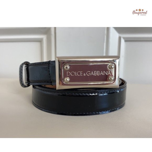 Authentic Dolce & Gabbana Black Patent Leather Belt Silver Buckle Logo Size 34